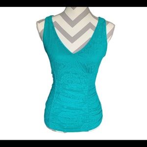 Western turquoise paisley floral lace scrunched fitted tank top cami rodeo